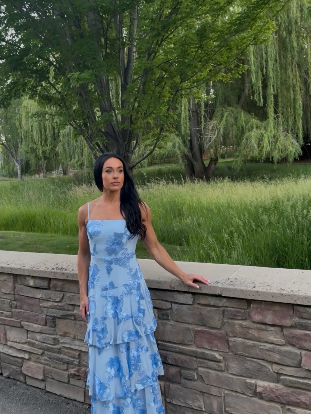 Elegant Blue Floral Tiered Maxi Dress - Sleeveless
